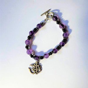 Sivana Unisex Amethyst and Black Tourmaline Om Charm Toggle-Clasp Bracelet